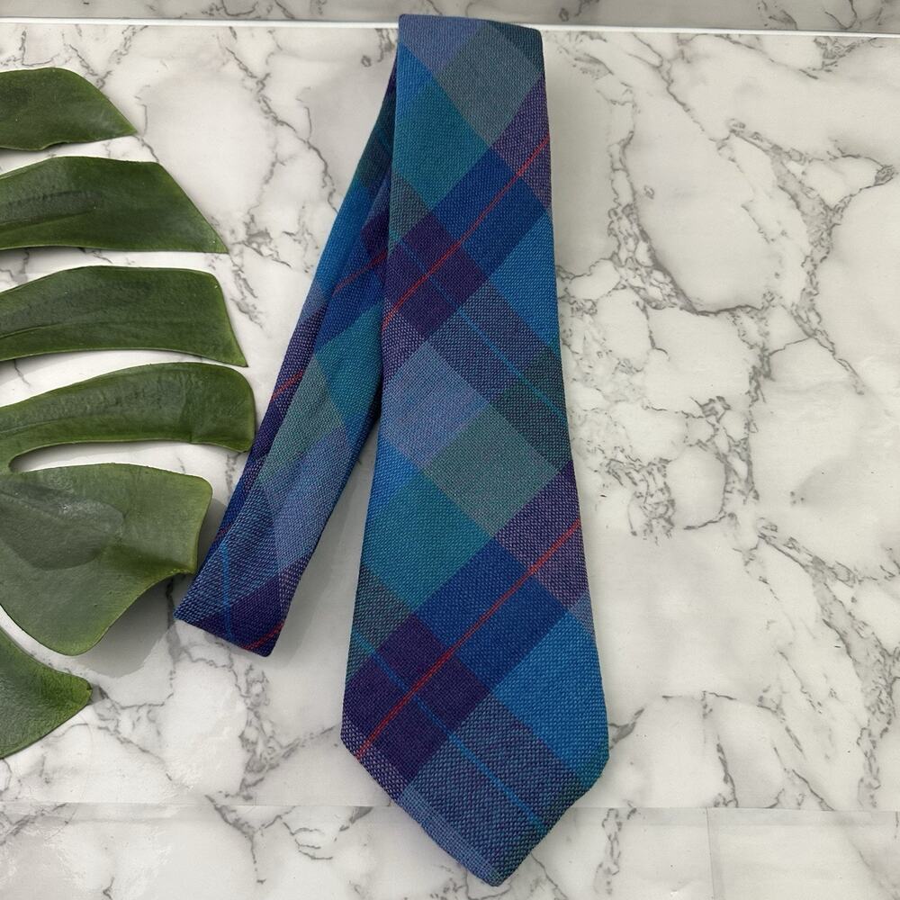 CTC Mens Vintage 80s Wool Neck Tie Made in Ireland Blue Purple Plaid Tweed
